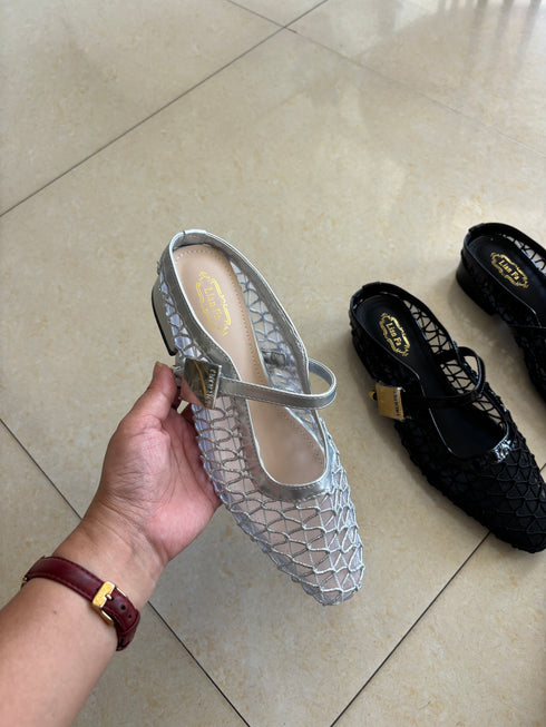 Lace Gauze Slip On Mules